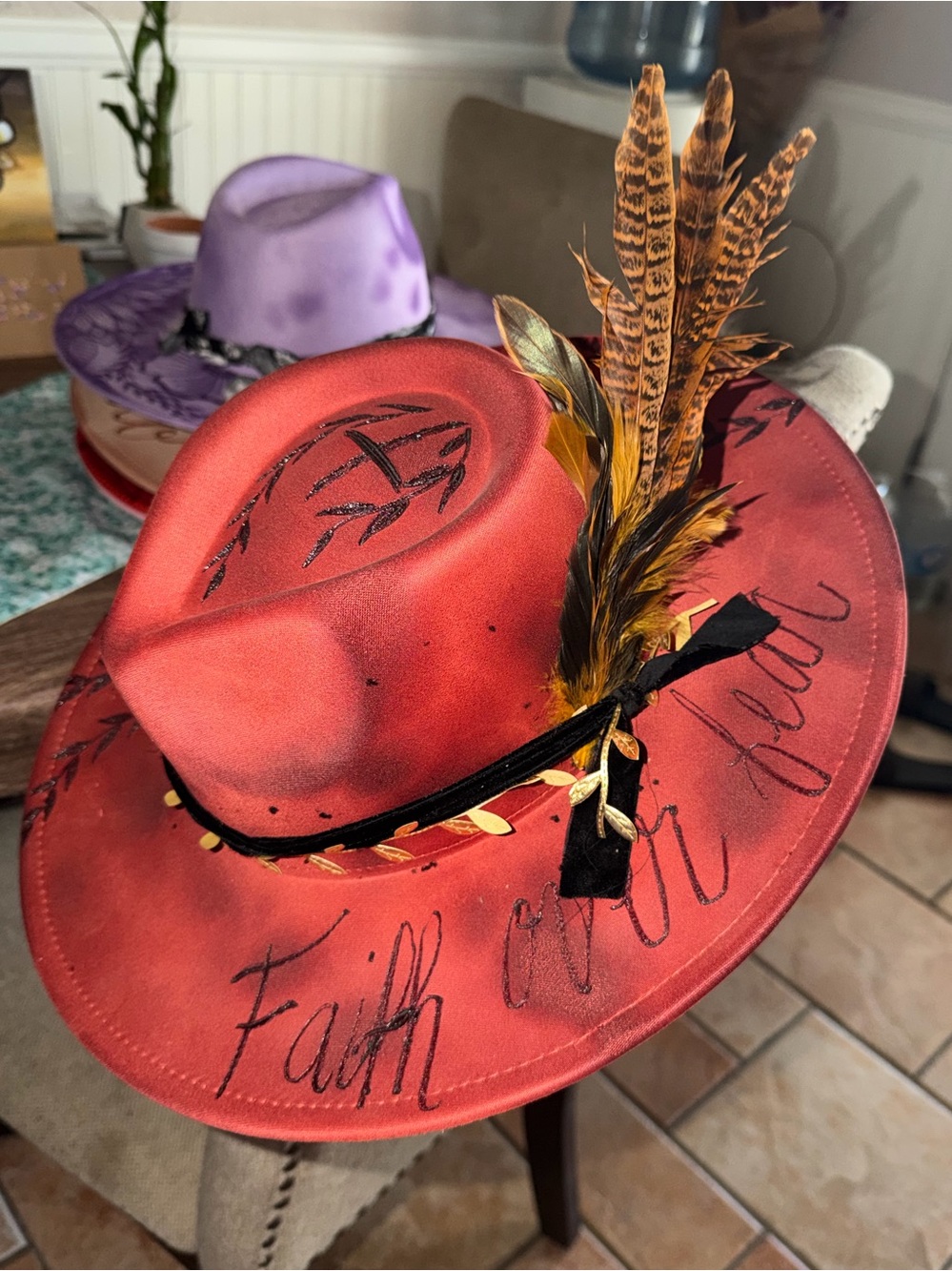 Red Feathered fedora Hat with Script Accents handmade!